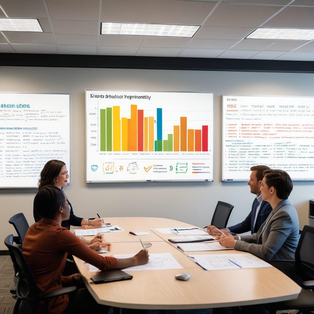 A dynamic office setting showcasing a diverse group of professionals participating in a performance feedback discussion. Visual elements should include charts and graphs illustrating continuous improvement metrics, a whiteboard filled with notes and action plans, and a sense of collaboration. The atmosphere should convey positivity and motivation, highlighting the importance of accountability in contractor evaluations. super-realistic. vibrant colors. modern design.