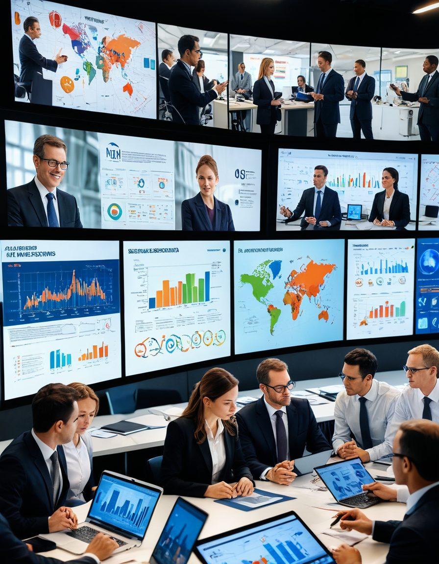 A dynamic collage of government officials reviewing performance metrics on large digital screens, surrounded by graphs and charts showcasing improvements. Symbolic illustrations of collaboration and mastery with diverse people exchanging ideas, in a modern office environment filled with bright light. Focus on professionalism and innovation. super-realistic. vibrant colors. contemporary style.