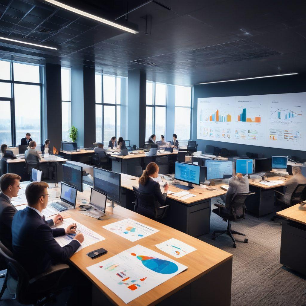 A group of diverse professionals collaboratively analyzing performance assessments for government contracts, surrounded by charts and graphs illustrating success metrics. A large key symbol above them represents 'unlocking excellence', with a backdrop of a government building. The atmosphere is dynamic and focused, showcasing teamwork and strategic thinking. super-realistic. vibrant colors. modern office setting.